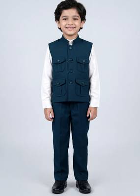 Boys teal blue lycra solid 3 piece waistcoat set with classic flap pockets 1