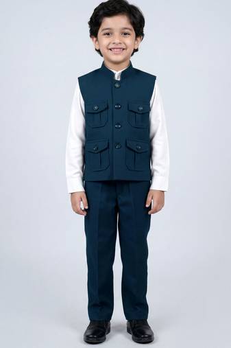 Boys teal blue lycra solid 3 piece waistcoat set with classic flap pockets