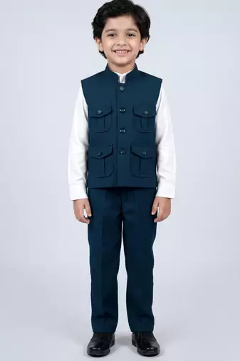 Boys teal blue lycra solid 3 piece waistcoat set with classic flap pockets