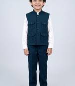 Boys teal blue lycra solid 3 piece waistcoat set with classic flap pockets
