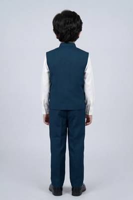 Boys teal blue lycra solid 3 piece waistcoat set with classic flap pockets 2