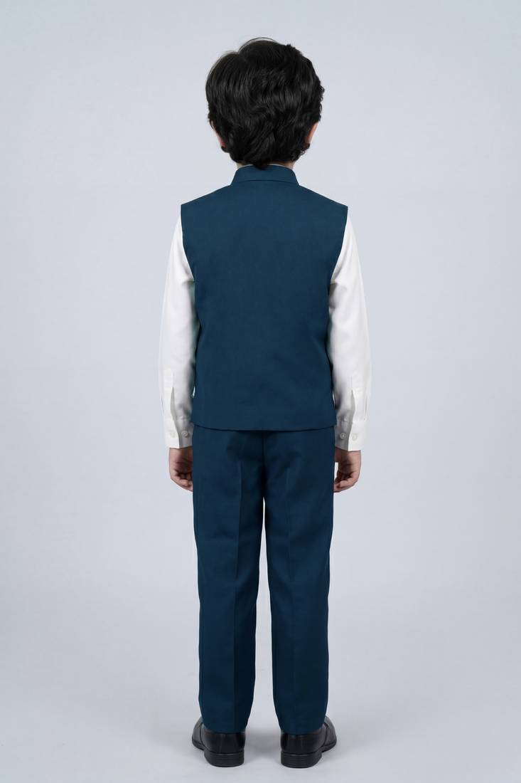 Boys teal blue lycra solid 3 piece waistcoat set with classic flap pockets