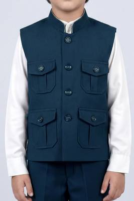 Boys teal blue lycra solid 3 piece waistcoat set with classic flap pockets 3