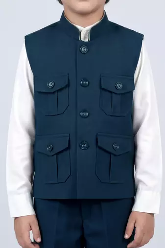 Boys teal blue lycra solid 3 piece waistcoat set with classic flap pockets