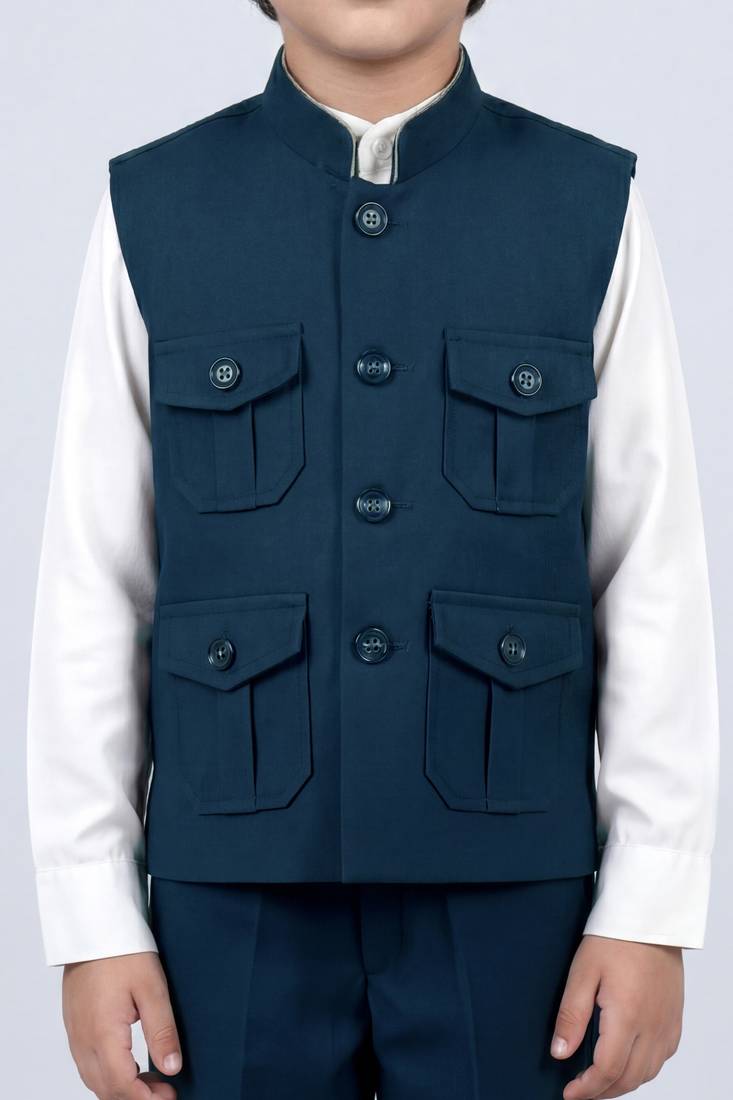Boys teal blue lycra solid 3 piece waistcoat set with classic flap pockets