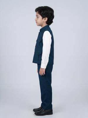 Boys teal blue lycra solid 3 piece waistcoat set with classic flap pockets 4