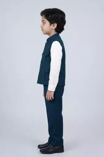 Boys teal blue lycra solid 3 piece waistcoat set with classic flap pockets