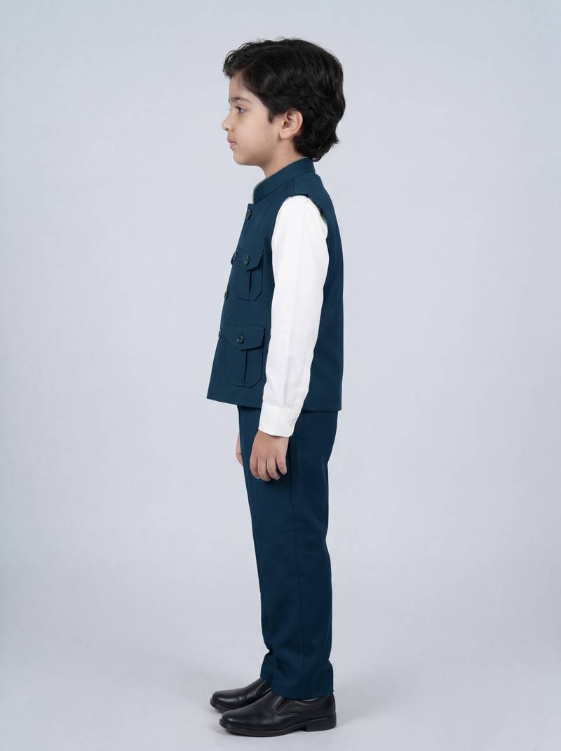 Boys teal blue lycra solid 3 piece waistcoat set with classic flap pockets