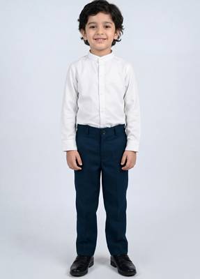 Boys teal blue lycra solid 3 piece waistcoat set with classic flap pockets 5