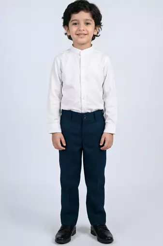 Boys teal blue lycra solid 3 piece waistcoat set with classic flap pockets