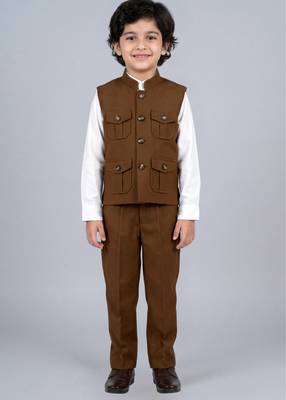 Boys coffee brown lycra solid 3 piece waistcoat set with classic flap pockets 1