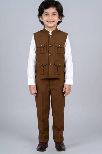 Boys coffee brown lycra solid 3 piece waistcoat set with classic flap pockets