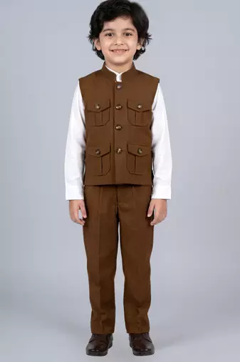 Boys coffee brown lycra solid 3 piece waistcoat set with classic flap pockets