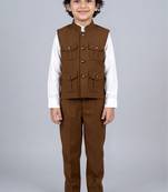 Boys coffee brown lycra solid 3 piece waistcoat set with classic flap pockets