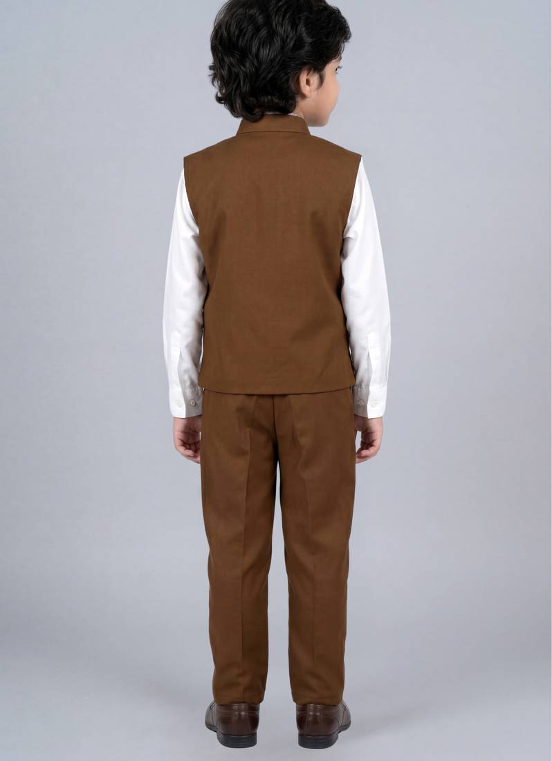 Boys coffee brown lycra solid 3 piece waistcoat set with classic flap pockets