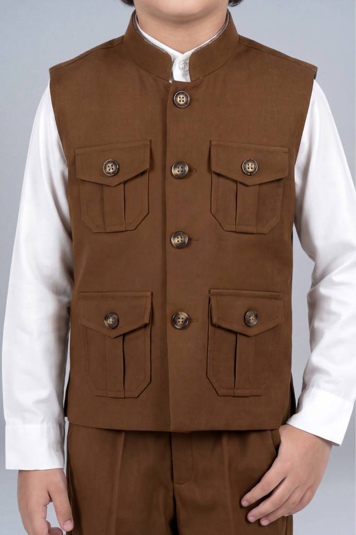 Boys coffee brown lycra solid 3 piece waistcoat set with classic flap pockets