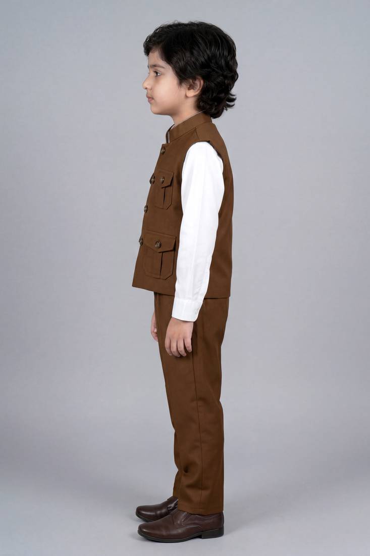 Boys coffee brown lycra solid 3 piece waistcoat set with classic flap pockets