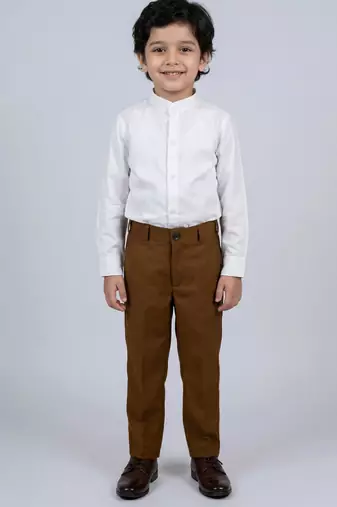 Boys coffee brown lycra solid 3 piece waistcoat set with classic flap pockets