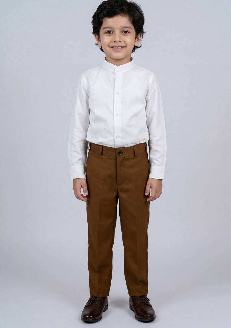 Boys coffee brown lycra solid 3 piece waistcoat set with classic flap pockets