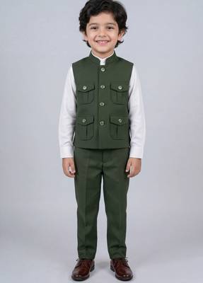 Boys olive green lycra solid 3 piece waistcoat set with classic flap pockets 1