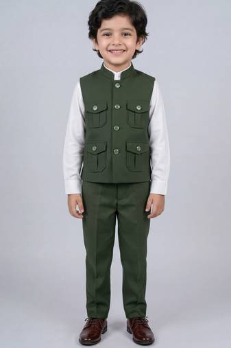 Boys olive green lycra solid 3 piece waistcoat set with classic flap pockets