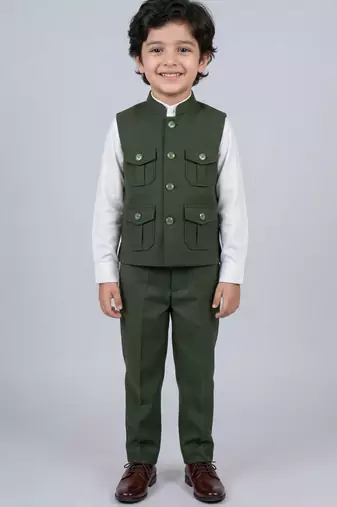 Boys olive green lycra solid 3 piece waistcoat set with classic flap pockets