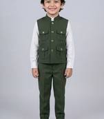 Boys olive green lycra solid 3 piece waistcoat set with classic flap pockets