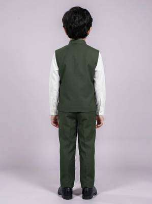 Boys olive green lycra solid 3 piece waistcoat set with classic flap pockets 2