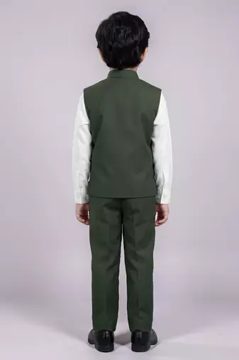 Boys olive green lycra solid 3 piece waistcoat set with classic flap pockets