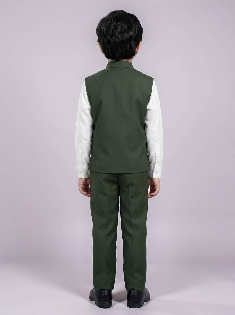 Boys olive green lycra solid 3 piece waistcoat set with classic flap pockets