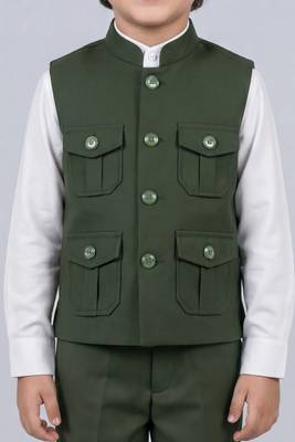Boys olive green lycra solid 3 piece waistcoat set with classic flap pockets 3