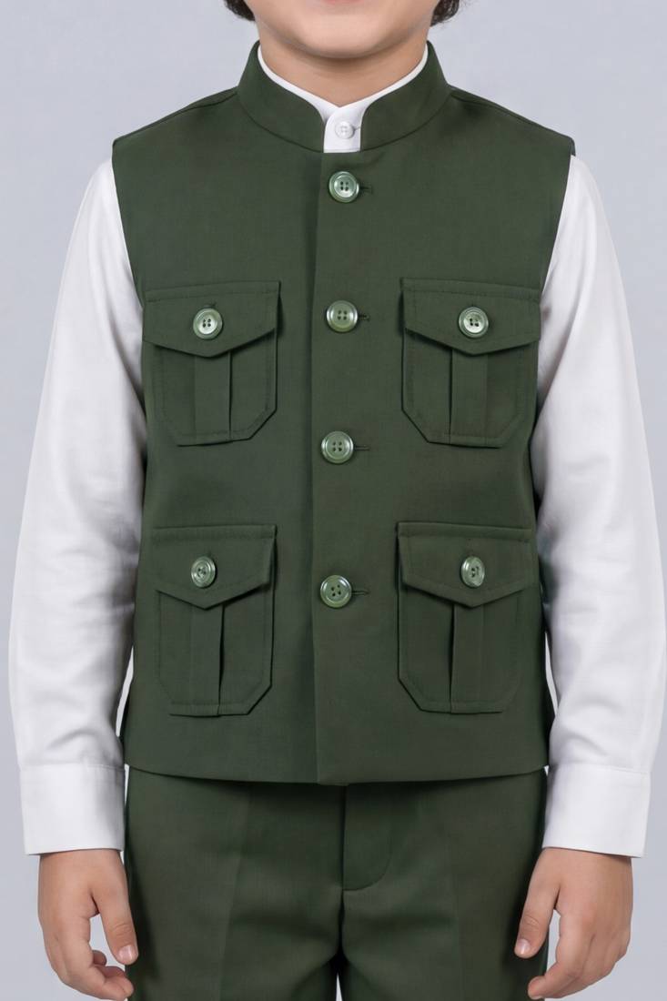 Boys olive green lycra solid 3 piece waistcoat set with classic flap pockets