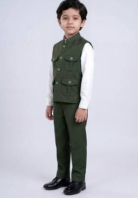 Boys olive green lycra solid 3 piece waistcoat set with classic flap pockets 4