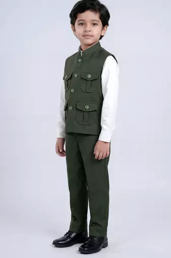 Boys olive green lycra solid 3 piece waistcoat set with classic flap pockets