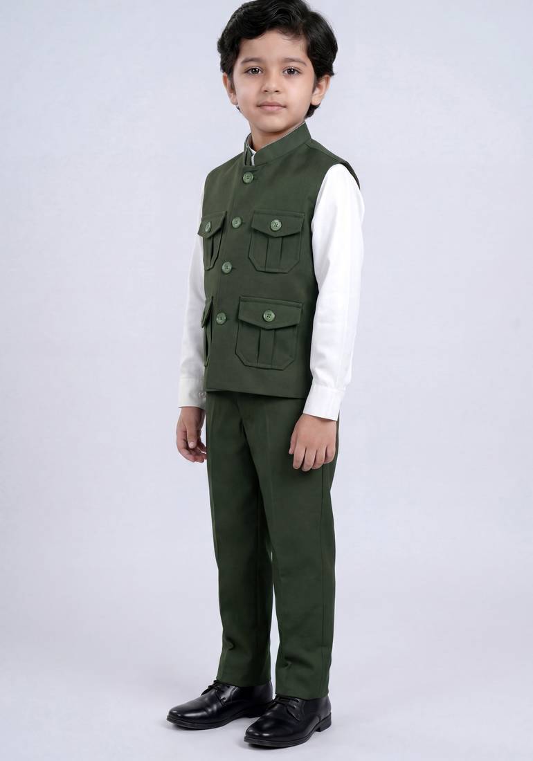 Boys olive green lycra solid 3 piece waistcoat set with classic flap pockets