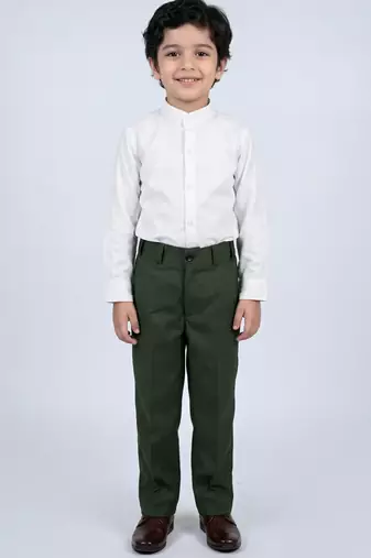 Boys olive green lycra solid 3 piece waistcoat set with classic flap pockets