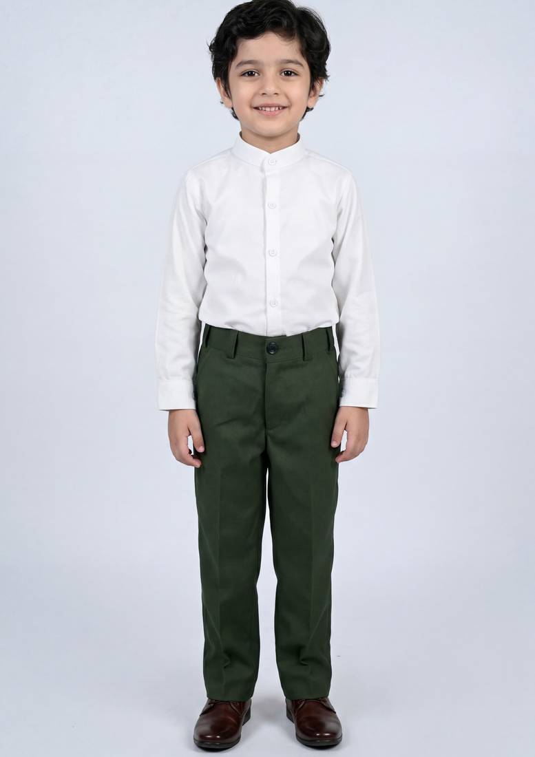 Boys olive green lycra solid 3 piece waistcoat set with classic flap pockets