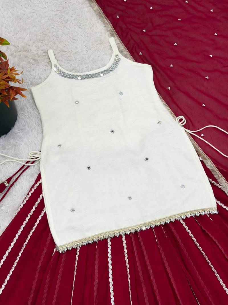 Women’s fendy silk mirror work top lehenga set with dupatta