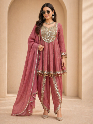 Women s gold crush mirror work top with dhoti pants & dupatta set 1