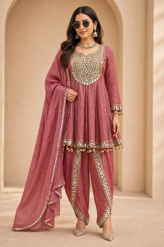 Women s gold crush mirror work top with dhoti pants & dupatta set