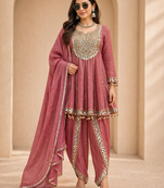 Women’s gold crush mirror work top with dhoti pants & dupatta set