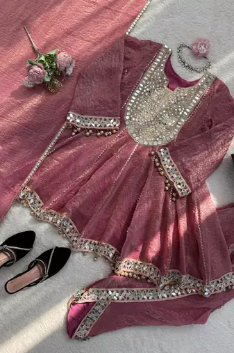 Women s gold crush mirror work top with dhoti pants & dupatta set