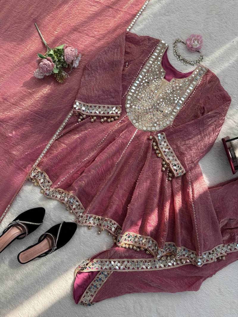 Women’s gold crush mirror work top with dhoti pants & dupatta set