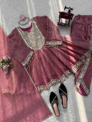 Women s gold crush mirror work top with dhoti pants & dupatta set 3