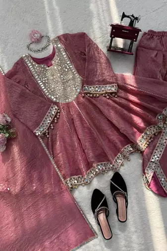 Women s gold crush mirror work top with dhoti pants & dupatta set