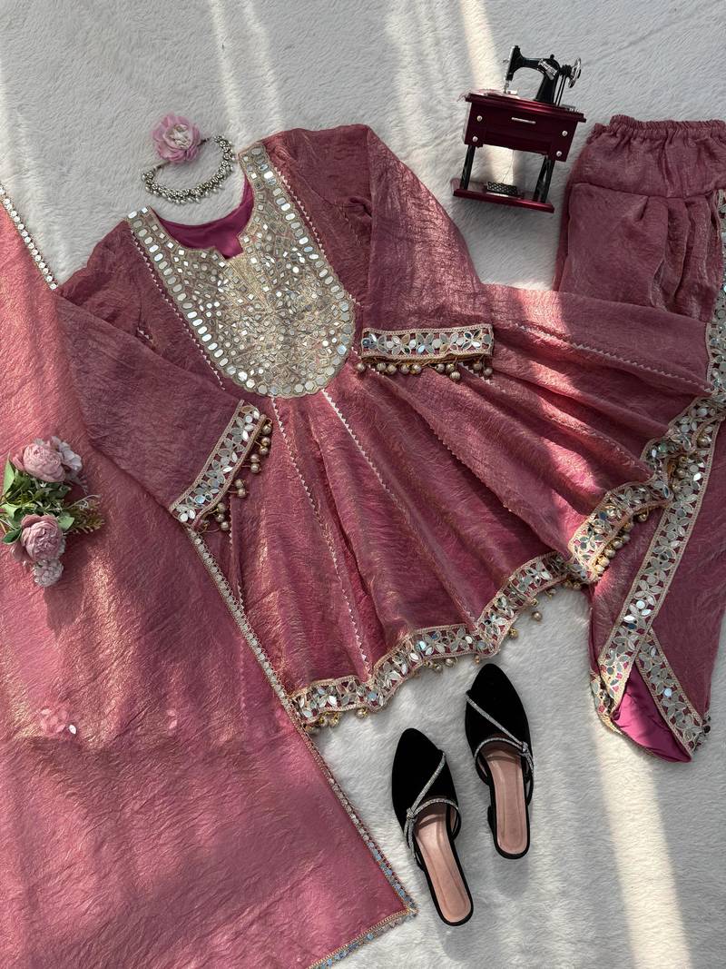 Women’s gold crush mirror work top with dhoti pants & dupatta set