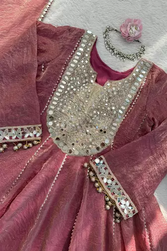 Women s gold crush mirror work top with dhoti pants & dupatta set