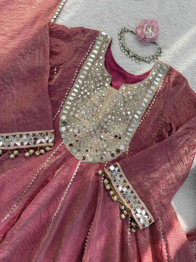 Women’s gold crush mirror work top with dhoti pants & dupatta set