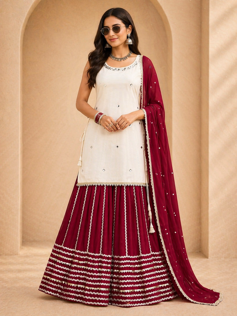 Women’s fendy silk mirror work top lehenga set with dupatta