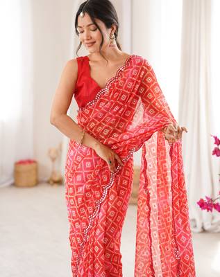 Bandhani printed zari georgette saree with mirror work border & silk blend blouse 3